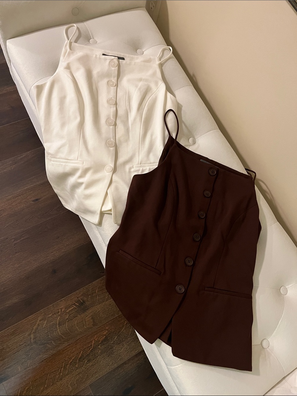 Sunday in Brooklyn Chocolate-Brown and white vests. Each $40